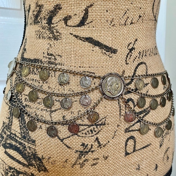 Vintage Women’s Coin Chain Belt Silver Tone Gypsy Boho Bohemian Belly Dancer - Picture 5 of 12